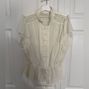 New York & Company Cream Lace-Yoke Ruffle Blouse